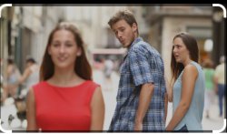 A distracted boyfriend looking at another woman while his girlfr Meme Template