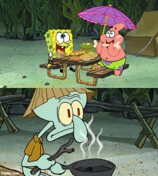 SpongeBob & Patrick eat while Squidward is starving Meme Template