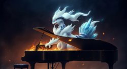 AI Reshiram playing on a burning piano Meme Template