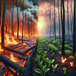 A split image showing a forest fire on one side and new plant gr Meme Template