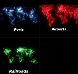 World map with ports, airports, railroads Meme Template