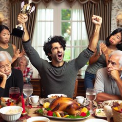 man celebrates with trophy at Thanksgiving dinner Meme Template