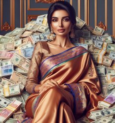 Indian woman sits in piles of cash Meme Template