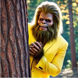 Sasquatch rubbing hands behind tree yellow suit Meme Template