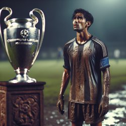 A soccer player in the mud watching the champions league cup tha Meme Template