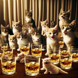 many glasses of whiskey and many cute kittens giggling Meme Template