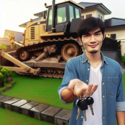 a man smiling awkwardly while handing over his keys to a bulldoz Meme Template