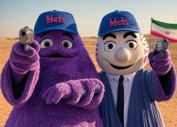 Grimace with Mr Met in a desert with a Iran flag Meme Template