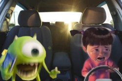 Screaming Mike Wazowski Crying Boo in Car Meme Template