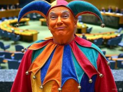 Trump orange-faced jester clown at UN Meme Template