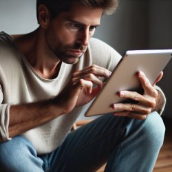 a guy sitting on a chair with his knees up looking down at his i Meme Template