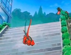 Rayquaza laughing at Deyoxis falling down the stairs. Meme Template