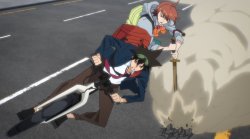 Mira putting sword to ground while Mori riding with bike Meme Template