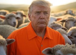 donald Trump orange jumpsuit surrounded by sheep sheeple MAGA Meme Template