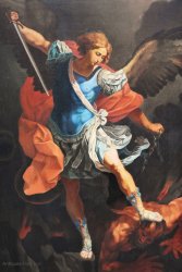 Archangel Michael attacking evil satan devil Meme Template