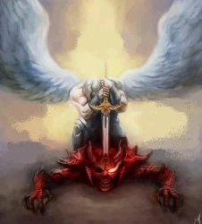 Archangel Michael attacking evil satan devil Meme Template