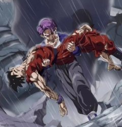 Trunks holding Gohan in rain Meme Template