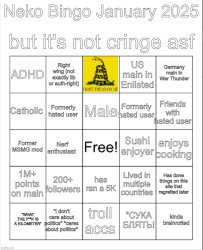 Neko Jan 2025 bingo but it's not cringe asf Meme Template