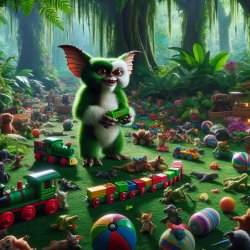 Jungle with toys all around and gremlin stealing them Meme Template