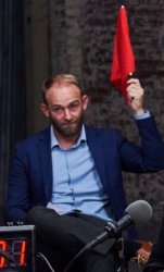 Jacob Hansen (Thoughtful Faith) holding red flag Meme Template