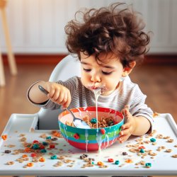 a toddler holding a spoon upside down while trying to eat cereal Meme Template