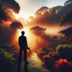 A siluete of a guy holding a gun in a garden in the morning Meme Template