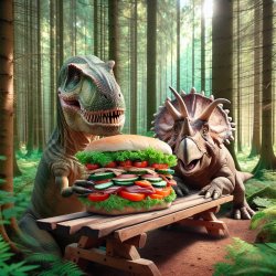 Two dinosaurs sitting on a bench eating a sandwich in the woods Meme Template