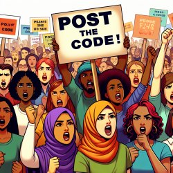 People with signs picketing and chanting, "Post the code!" Meme Template