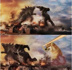 godzilla and kong running away from dog Meme Template