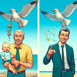 A seagull pooping on a baby's head then the same seagull but sho Meme Template