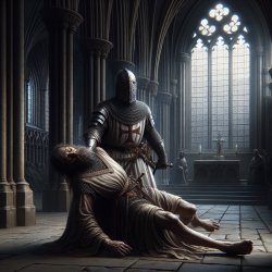 A templar dragging the corpse of a bearded man through a cathedr Meme Template