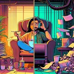 Split image. On one side, a relaxed person sitting in a comfy ch Meme Template