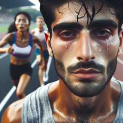 A tired but victorious athlete crossing the finish line, sweat d Meme Template