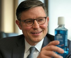 Speaker Mike Johnson selling mouthwash Meme Template