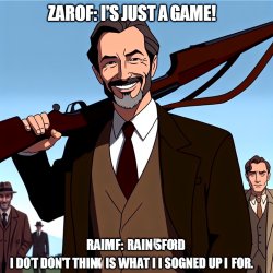 Text on the meme: Image: A picture of Zaroff smiling with a rifl Meme Template