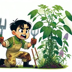 Make me a picture of a young, overwhelmed gardener sweating in f Meme Template