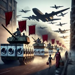 column of military washing machines with red banners marching on Meme Template