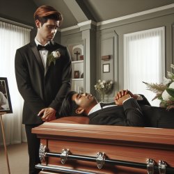 Man standing over ape in coffin Meme Template