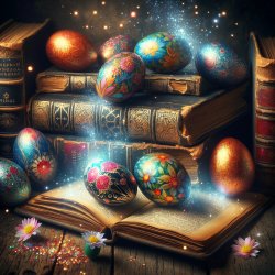 Colourful Easter eggs appearing in sparkles from ancient books Meme Template