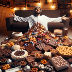 Someone sits in the middle of the room with a tons of chocolate, Meme Template