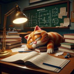 A tired cat slumped over a school desk, with physics textbooks a Meme Template
