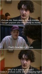 Black Books Bought popcorn, No Money Meme Template