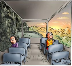 Two men looking out of a bus window Meme Template