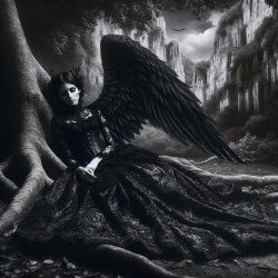 A black wing female angel laying on the ground with her head on Meme Template