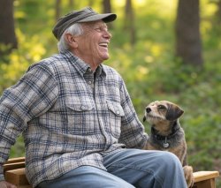 Old elderly man laughing dog woods bench Meme Template