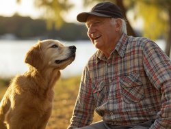 Old elderly man laughing dog woods bench Meme Template