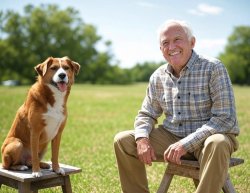 Old elderly man laughing dog woods bench Meme Template