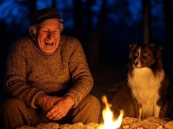 Old elderly man laughing dog woods fire bench Meme Template