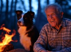 Old elderly man laughing dog woods fire bench Meme Template