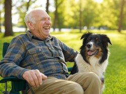 Old elderly man laughing dog woods bench Meme Template